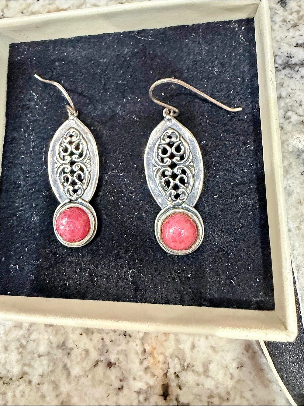 Filigree Drop Earrings in Sterling Silver & Pink Rhodochrosite